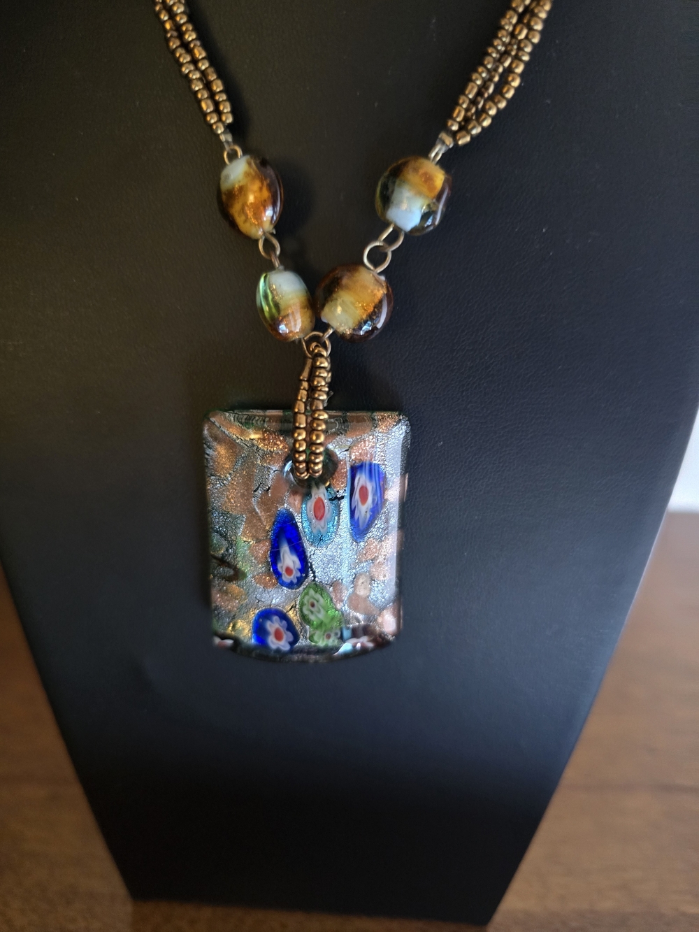 Artisan Glass Mosaic Pendant Necklace - Blue and Copper Accents